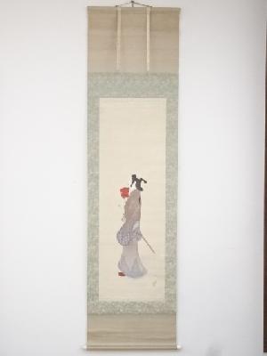 島成園筆　人物図　肉筆絹本掛軸（保護箱）□z